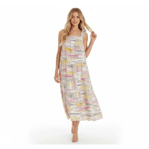 NWT Moon River Pink & Yellow Abstract Boho Tiered Maxi Dress - Picture 1 of 6